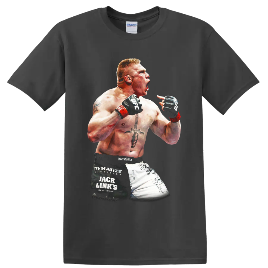 Brock Lesnar roaring in a raised-fist MMA fighter portrait graphic on a Charcoal T Shirt