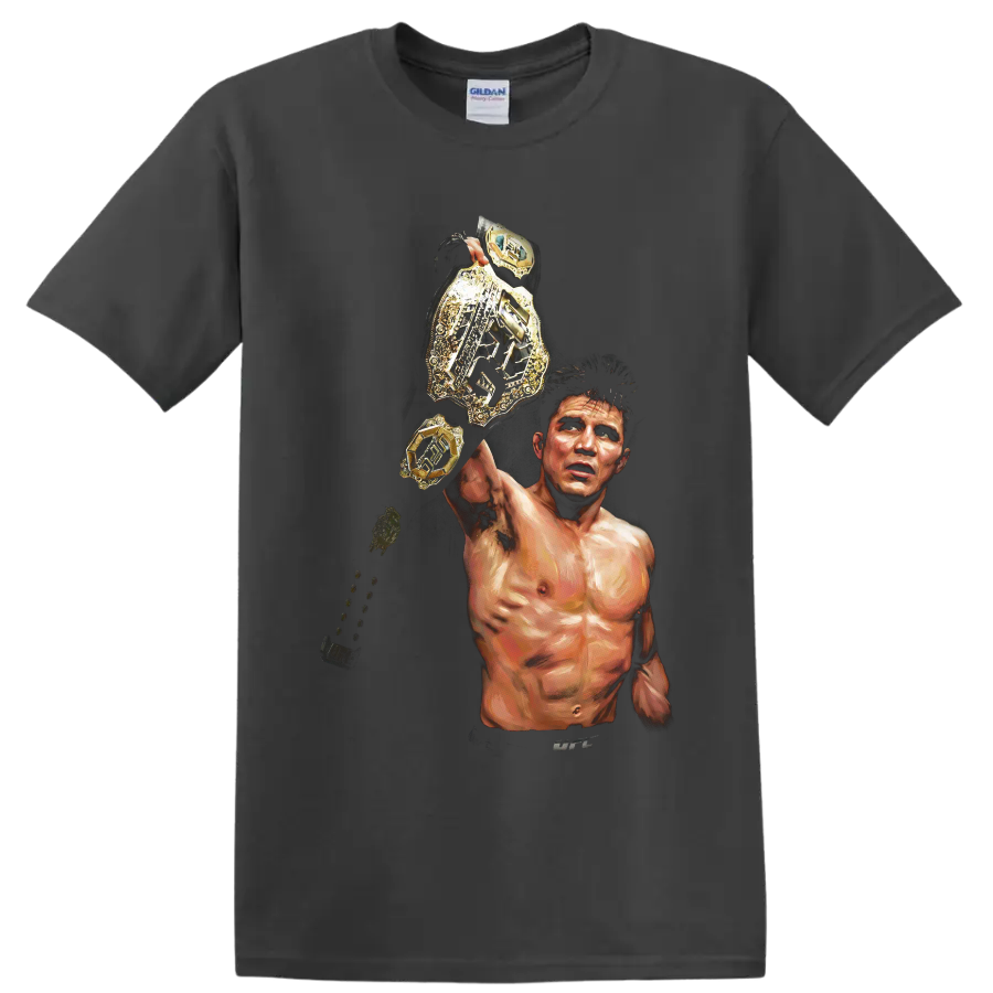 Demetrious Johnson painted MMA portrait raising a gold championship belt on a Charcoal T Shirt