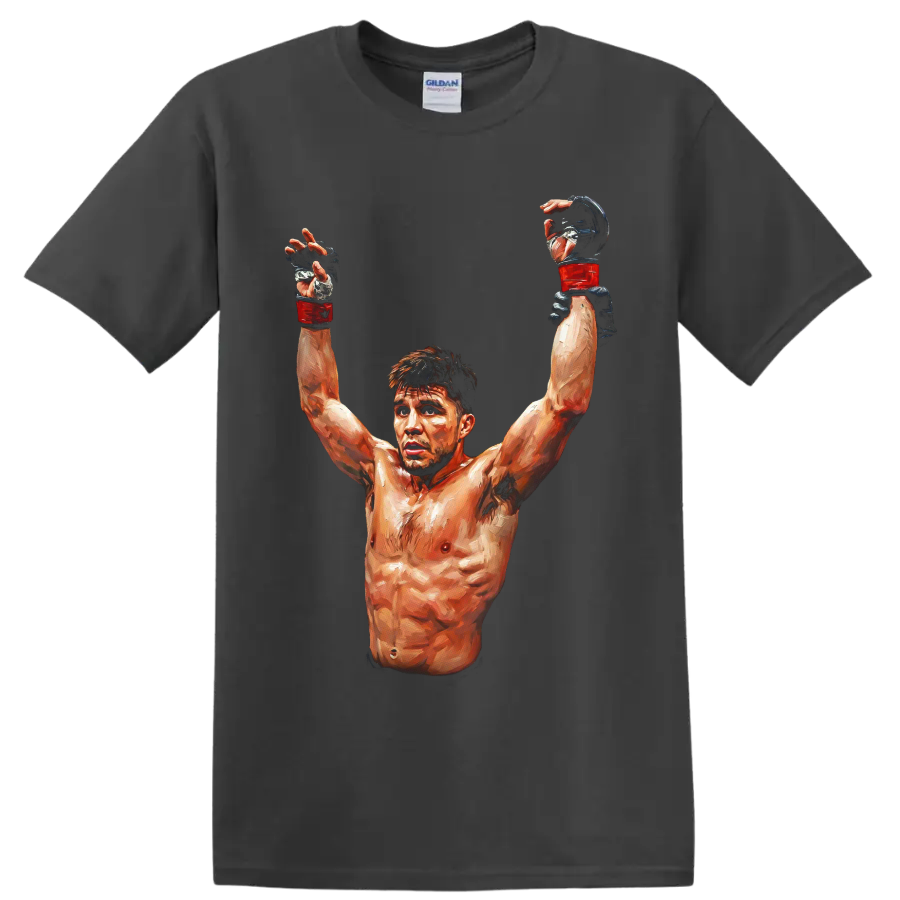 Gennady Golovkin painterly boxing victory portrait with raised red gloves on a Charcoal T Shirt