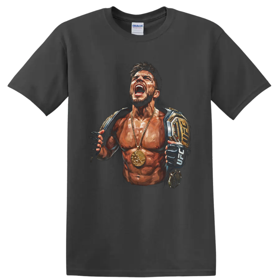 Henry Cejudo Triple C painted MMA champion portrait with belts, gloves, and gold medal on a Charcoal T Shirt