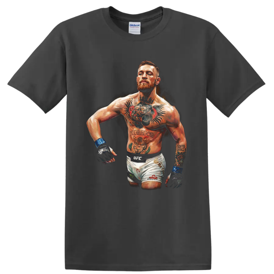 Conor McGregor tattooed MMA fighter portrait in dramatic painted illustration style on a Charcoal T Shirt