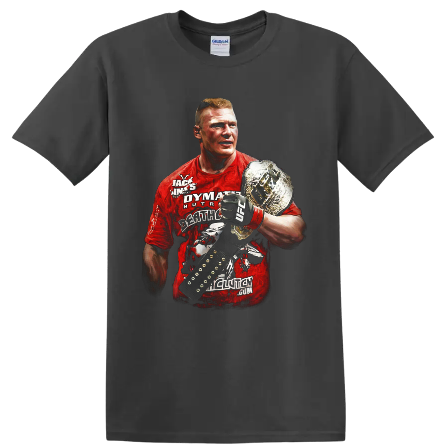 Brock Lesnar portrait with MMA glove and championship belt in dramatic graphic style on a Charcoal T Shirt
