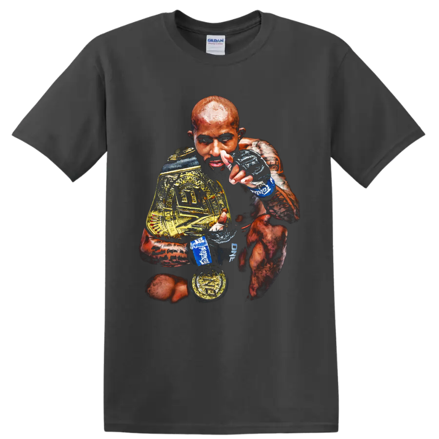 Demetrious Johnson painterly MMA portrait holding gold championship belts on a Charcoal T Shirt