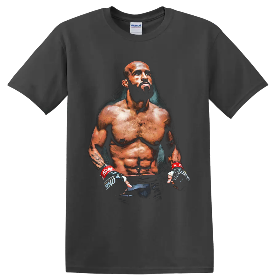 Demetrious Johnson painterly MMA fighter portrait with training gloves on a Charcoal T Shirt