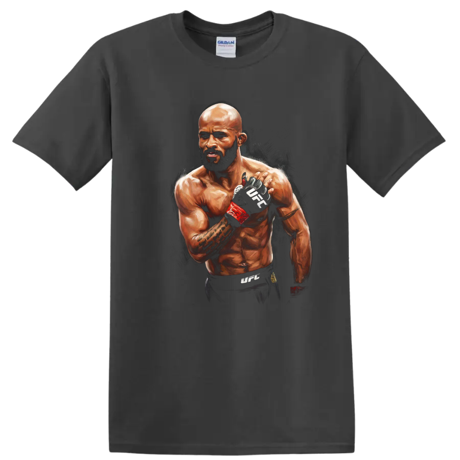 Painted portrait of Demetrious Johnson in MMA gloves with red wraps on a Charcoal T Shirt