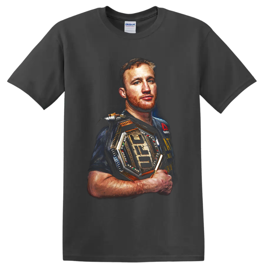 Justin Gaethje painterly MMA portrait holding a gold-toned championship belt on a Charcoal T Shirt
