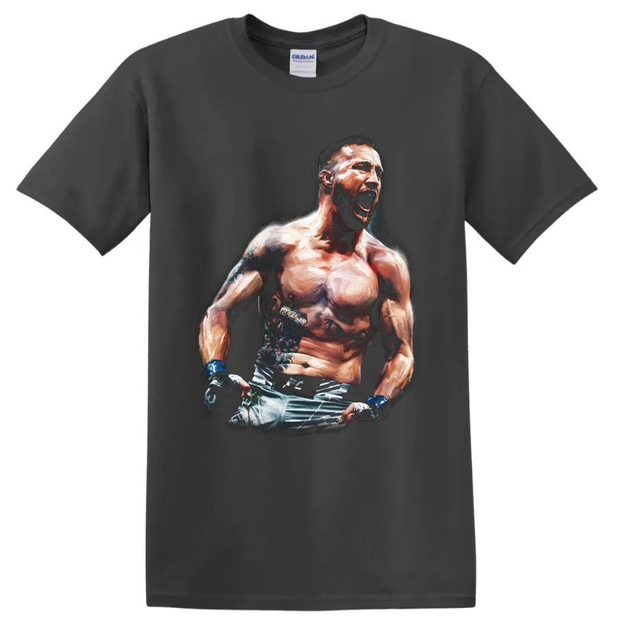 Conor McGregor roaring MMA fighter portrait in dramatic painterly action art on a Charcoal T Shirt