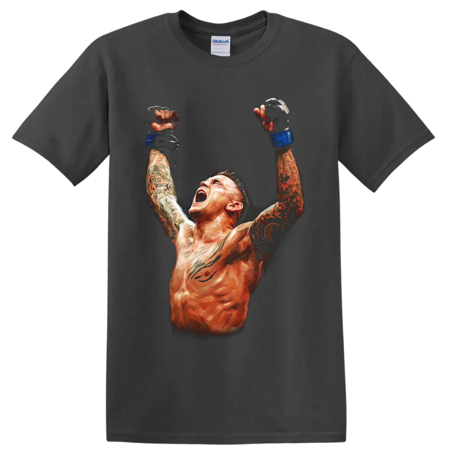 Dustin Poirier painterly MMA victory portrait with raised blue-gloved fists on a Charcoal T Shirt