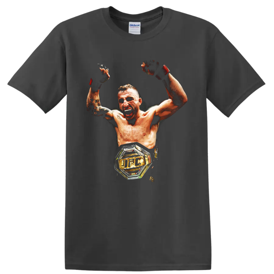 Alexander Volkanovski victory portrait with raised gloves and UFC championship belt on a Charcoal T Shirt