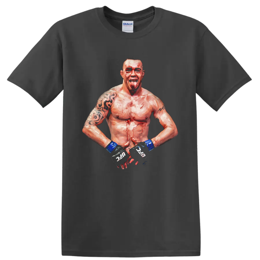 Erwin Smith MMA fighter in a bloodied painterly combat portrait with blue wrist wraps on a Charcoal T Shirt
