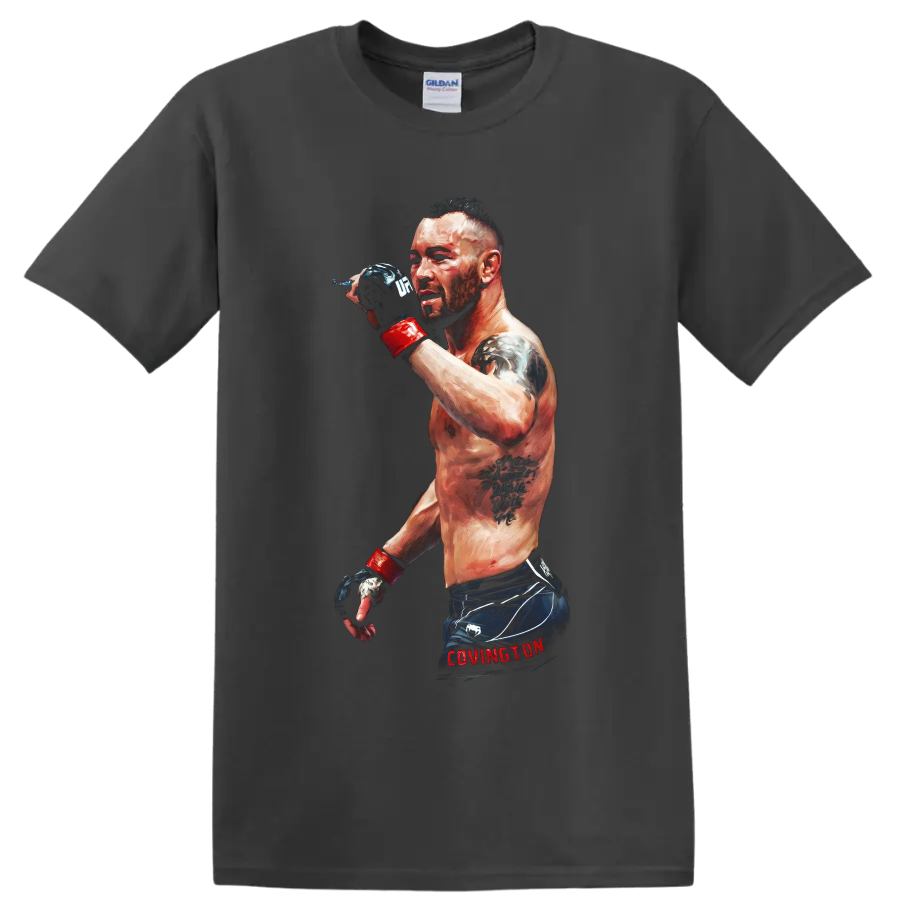 Painted portrait of Colby Covington in MMA gloves and fight shorts on a Charcoal T Shirt