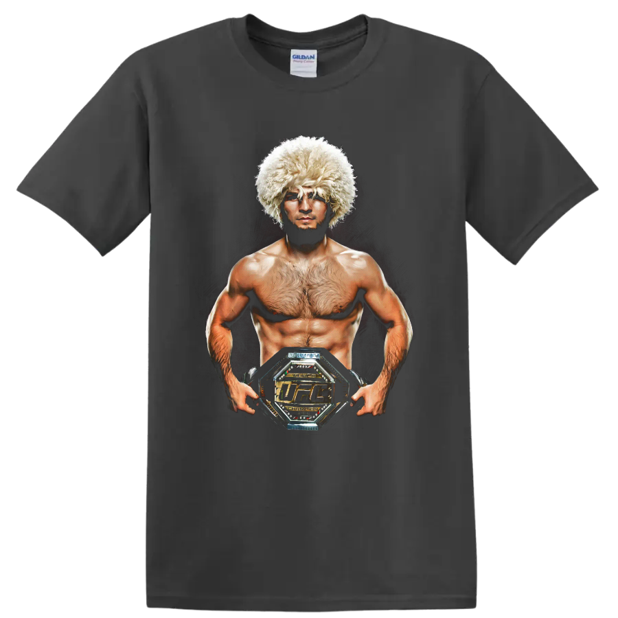 Khabib Nurmagomedov realistic portrait wearing a papakha and holding a championship belt on a Charcoal T Shirt