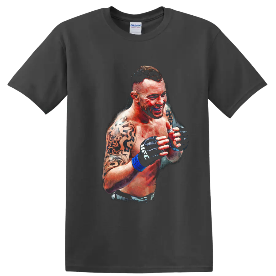 Dustin Poirier painterly MMA portrait with raised gloves and tattooed arms on a Charcoal T Shirt