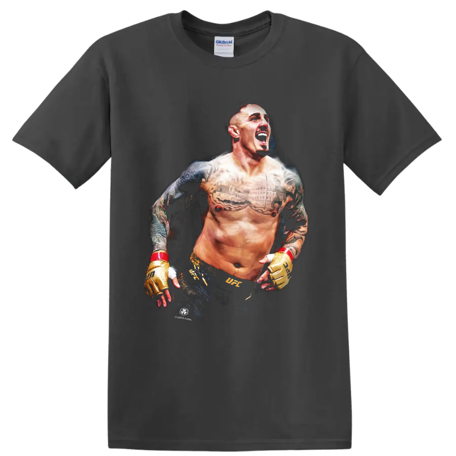 Charles Oliveira shouting in a painted MMA portrait with tattoos and gold gloves on a Charcoal T Shirt