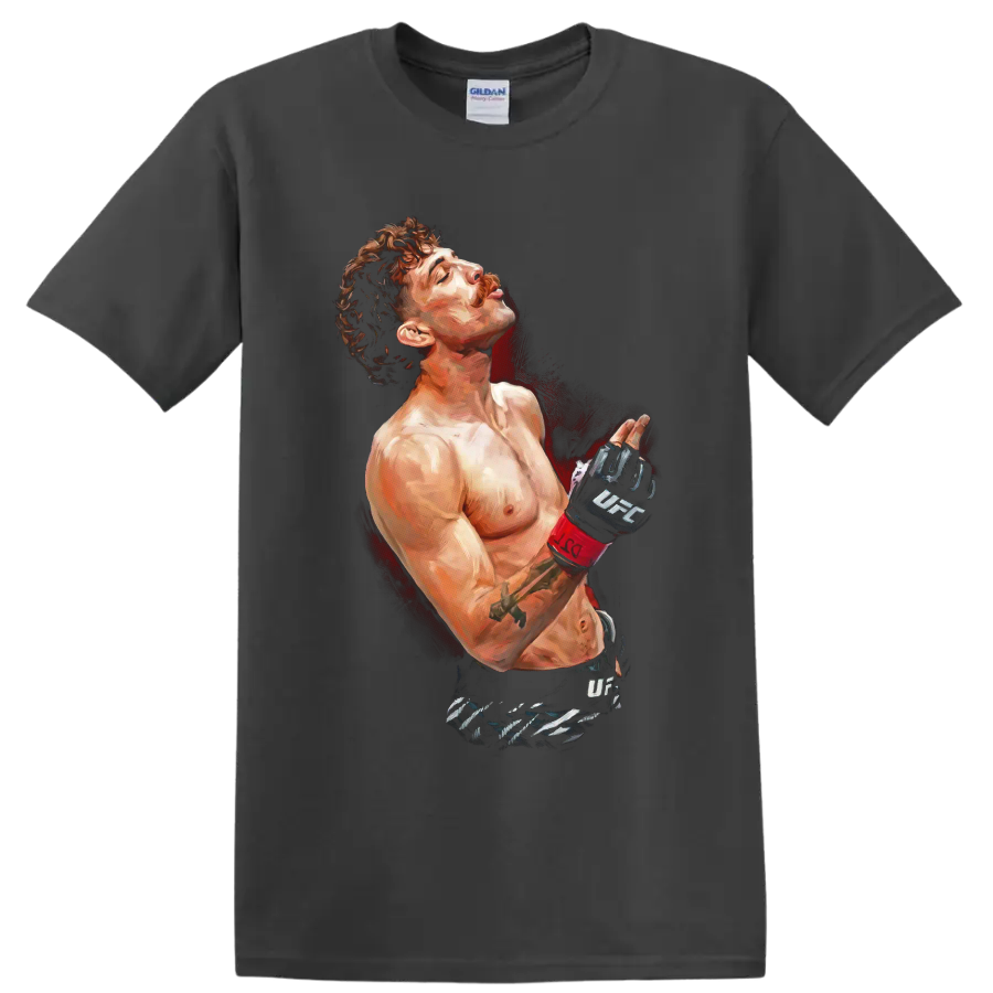 Quillan Salkilld painted MMA portrait with UFC gloves and red splatter backdrop on a Charcoal T Shirt