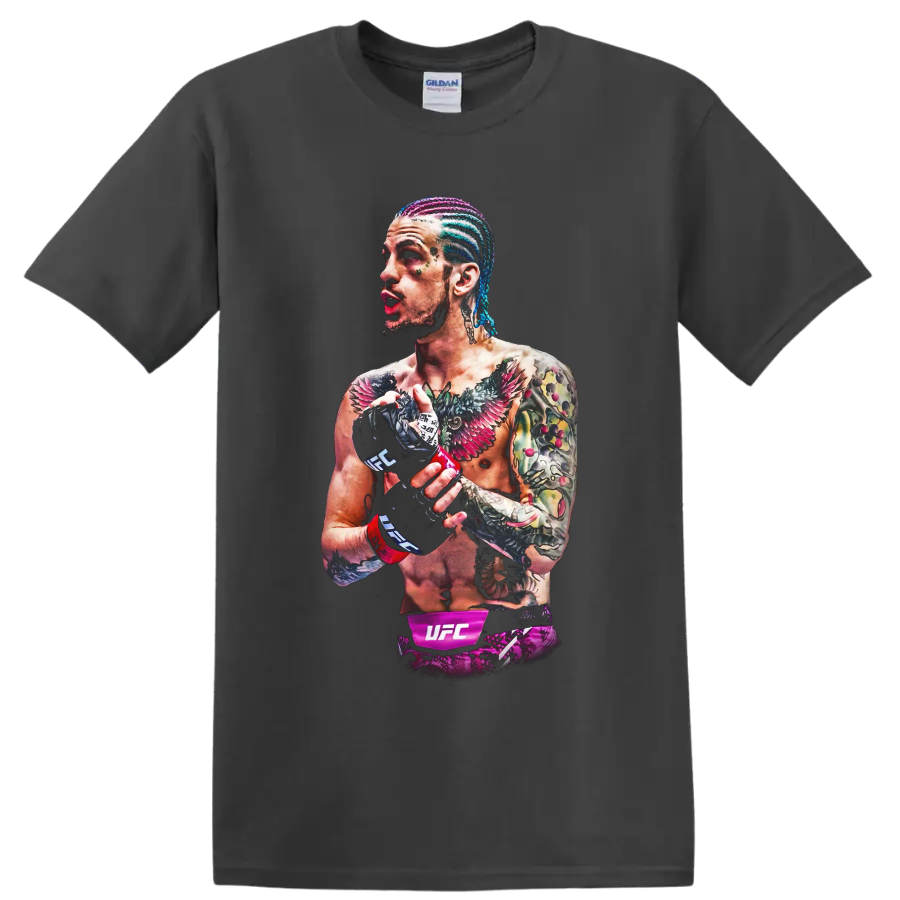Sean O'Malley illustrated UFC fighter portrait with colorful braids, tattoos, and gloves on a Charcoal T Shirt
