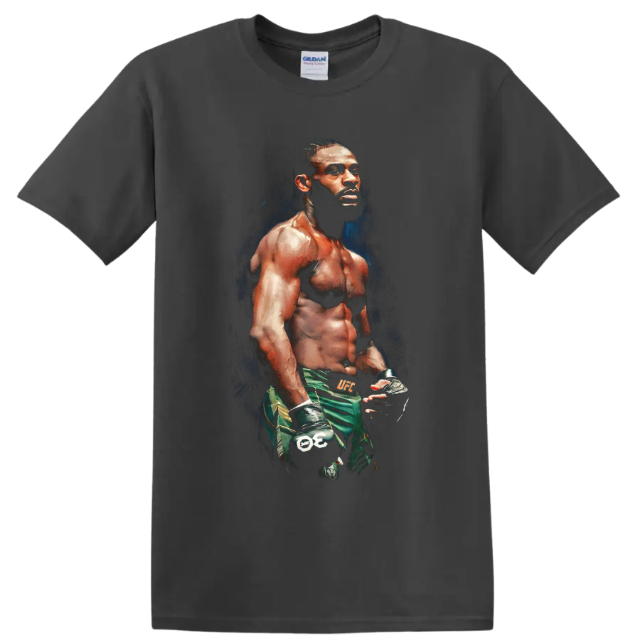 Aljamain Sterling painted MMA fighter portrait in gloves and green fight shorts on a Charcoal T Shirt