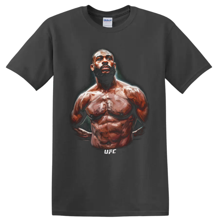 Aljamain Sterling painted UFC fighter portrait with dramatic brushwork on a Charcoal T Shirt