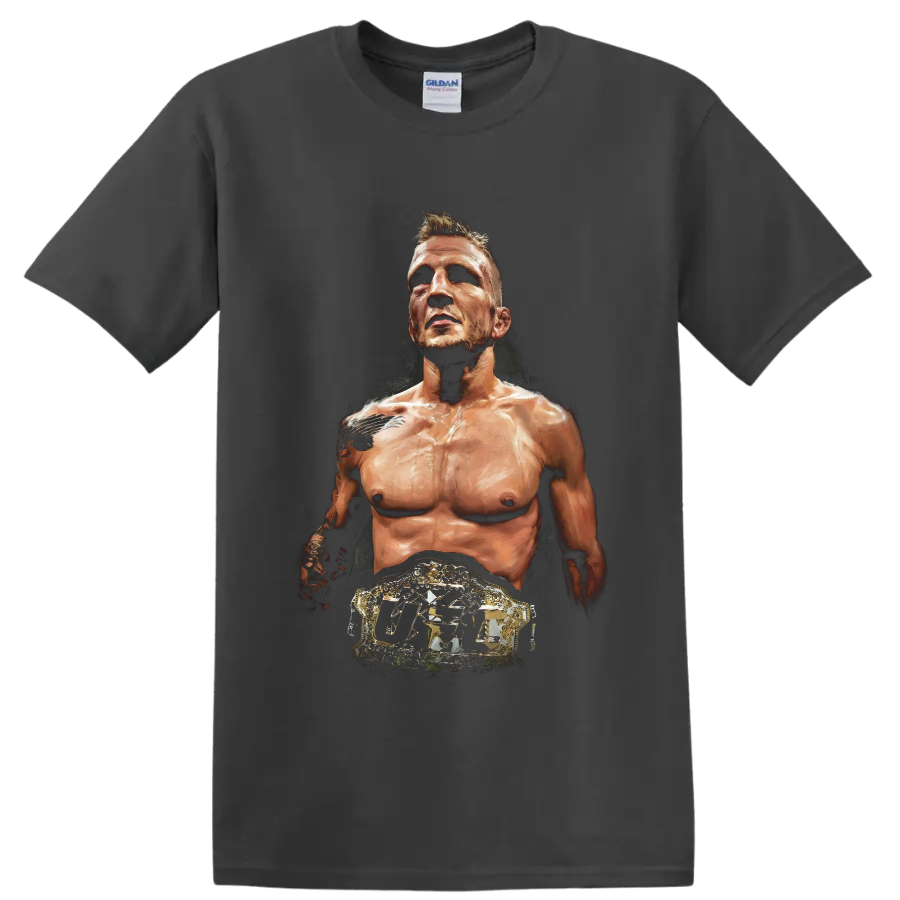 T.J. Dillashaw painterly MMA portrait wearing an ornate UFC championship belt on a Charcoal T Shirt