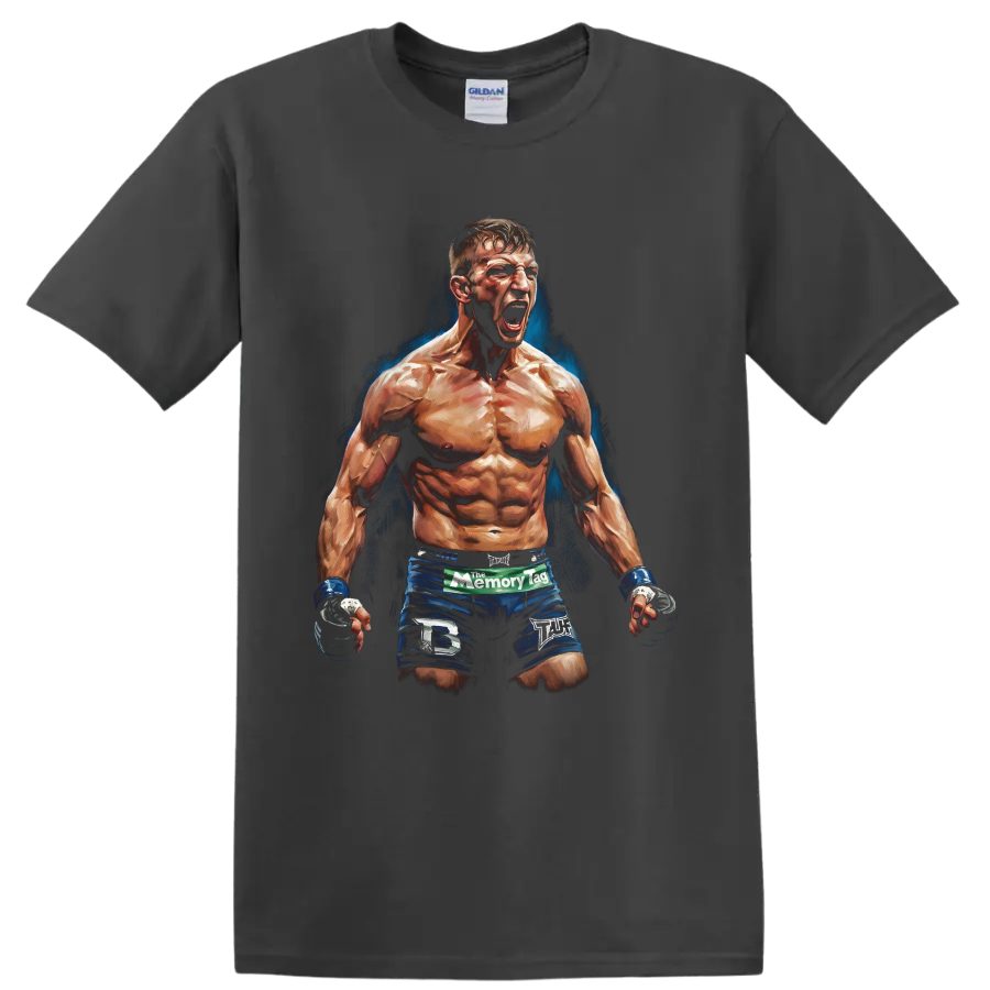 Ricky Hatton roaring fighter portrait with blue shorts and painted blue backdrop on a Charcoal T Shirt