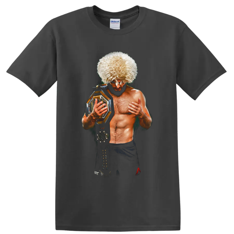 Khabib Nurmagomedov portrait in papakha hat holding a gold championship belt on a Charcoal T Shirt
