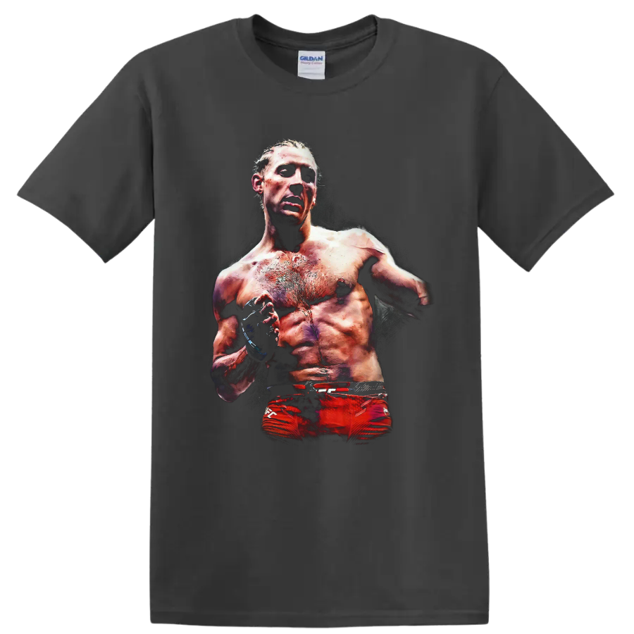 Paddy Pimblett MMA fighter portrait graphic with gloves and gritty dramatic lighting on a Charcoal T Shirt