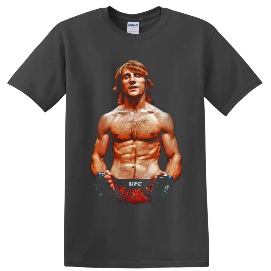 Paddy Pimblett painted portrait with MMA gloves and red fight shorts on a Charcoal T Shirt