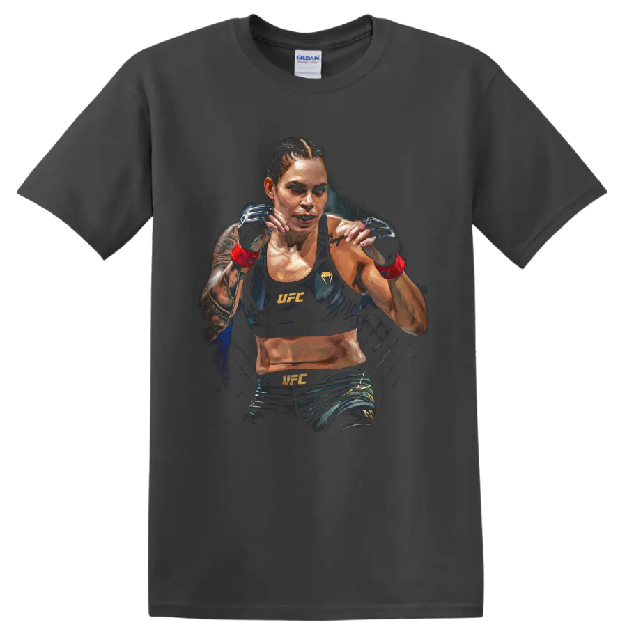 Amanda Nunes in a painted UFC guard stance with gloves, red wraps, and cage backdrop on a Charcoal T Shirt