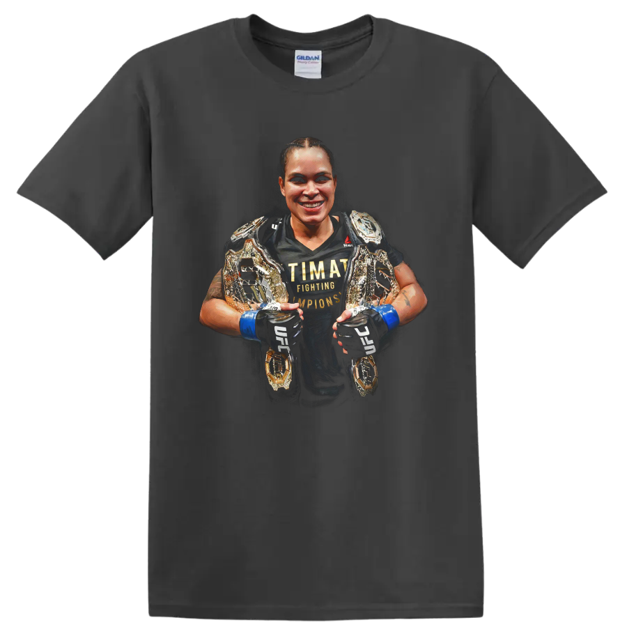Amanda Nunes portrait with championship belts and blue MMA gloves on a Charcoal T Shirt