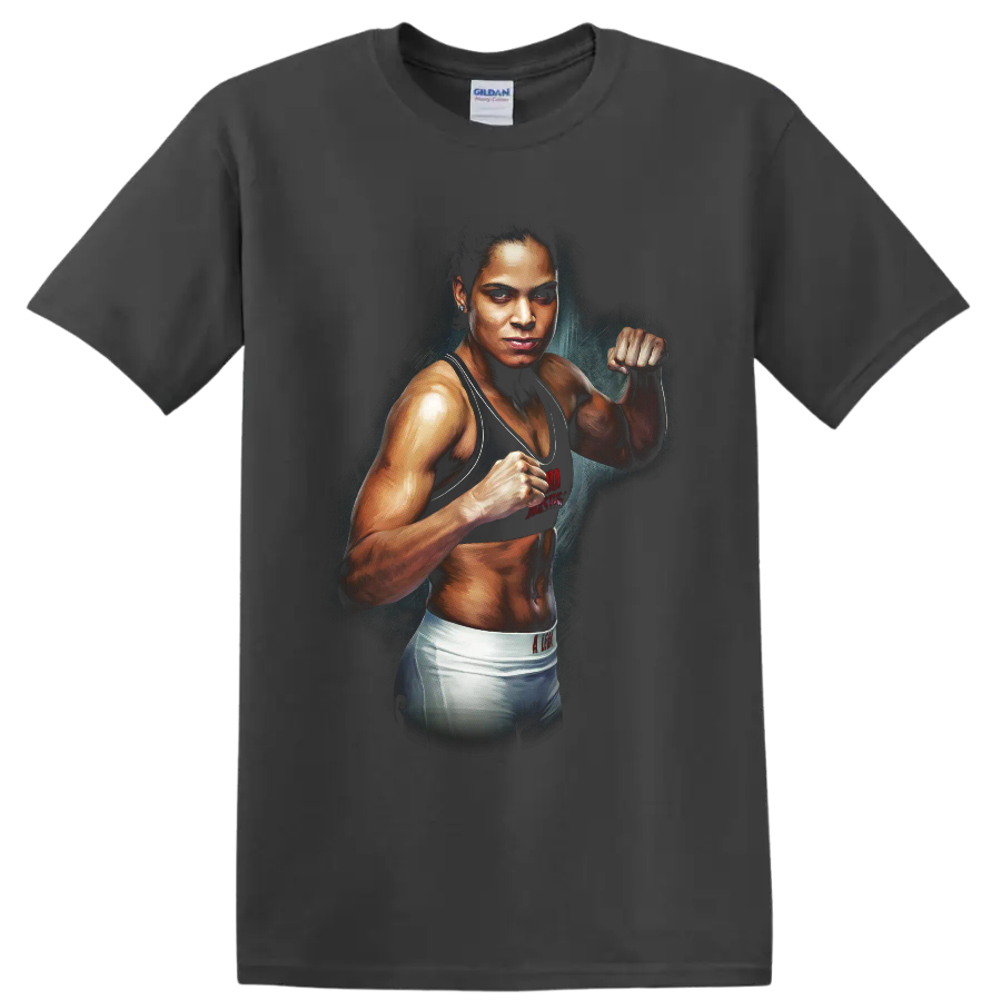 Amanda Nunes The Lioness MMA fighter portrait with raised fists in painted style on a Charcoal T Shirt