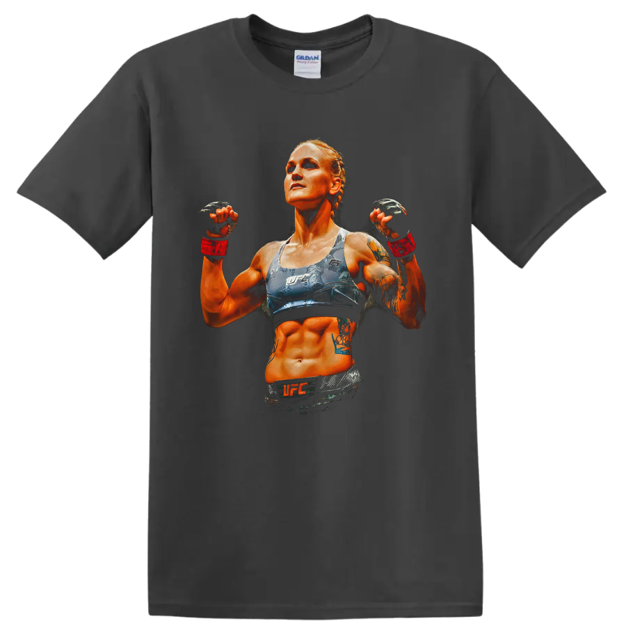 Valentina Shevchenko UFC fighter portrait in dramatic orange and blue graphic art on a Charcoal T Shirt