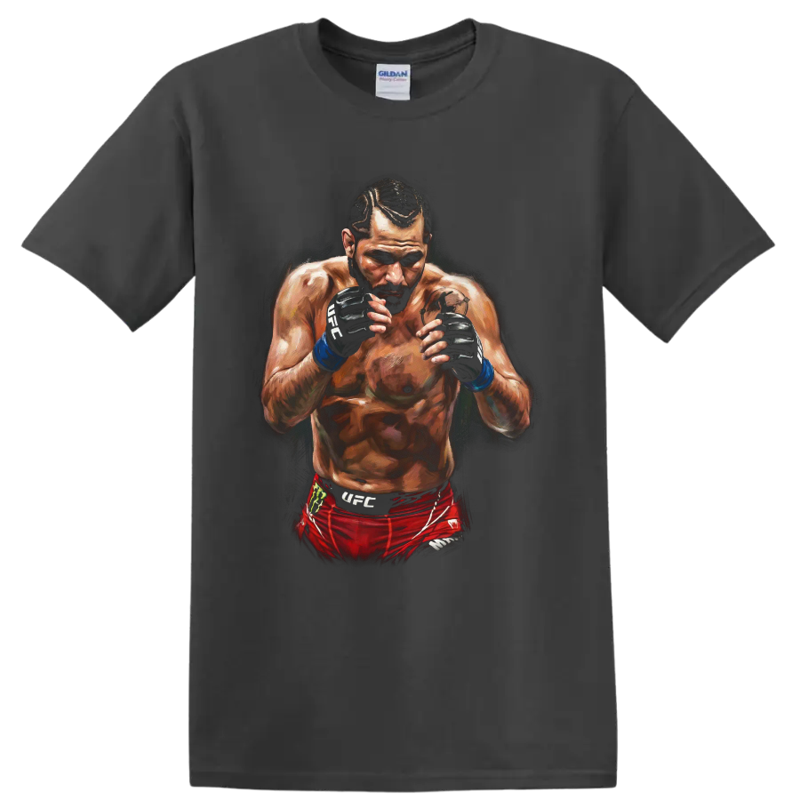 Jorge Masvidal Gamebred MMA fighter portrait in a dramatic painted fighting stance on a Charcoal T Shirt