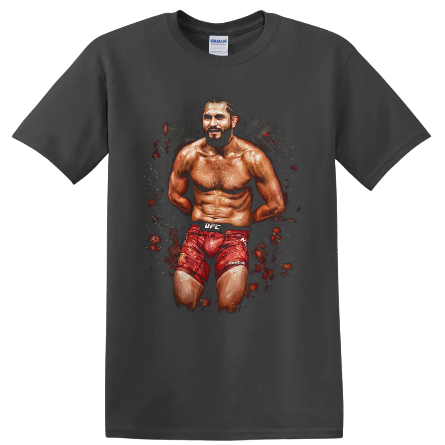 Jorge Masvidal Gamebred MMA fighter portrait in gritty painterly cage art on a Charcoal T Shirt
