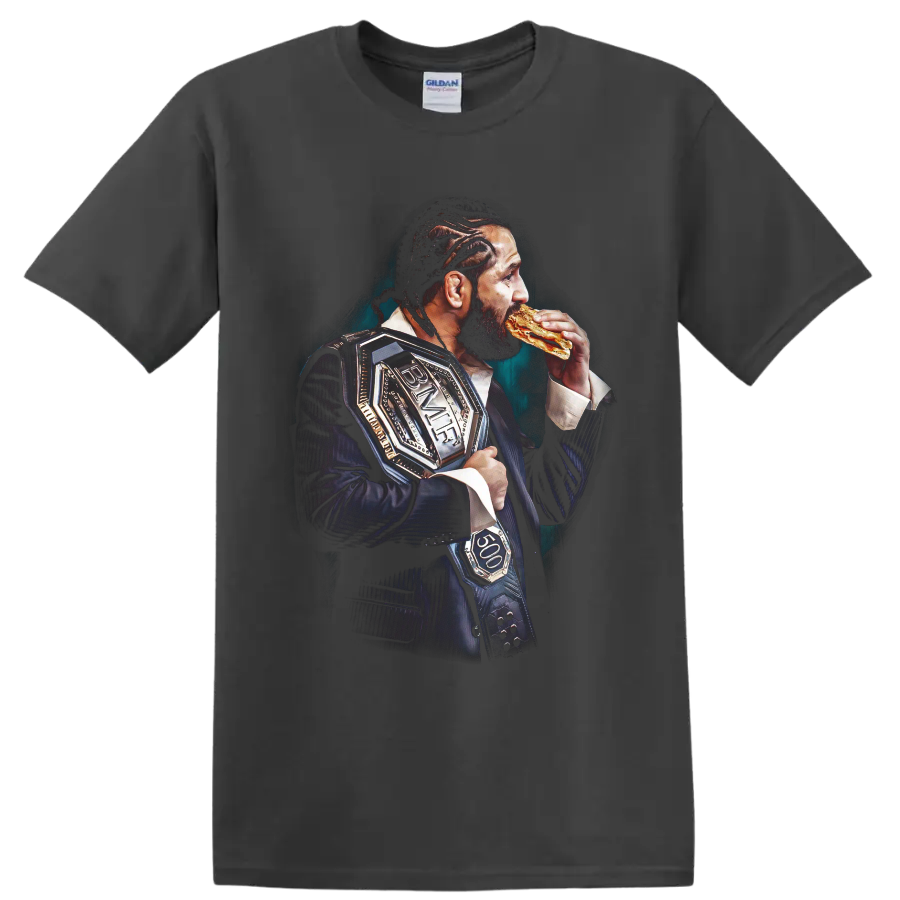 Jorge Masvidal portrait in a suit with BMF belt and sandwich on a Charcoal T Shirt