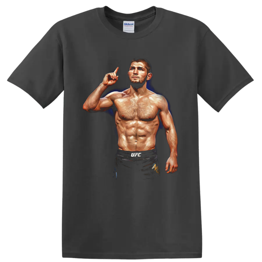Khabib Nurmagomedov painterly MMA fighter portrait with raised finger and blue glow on a Charcoal T Shirt