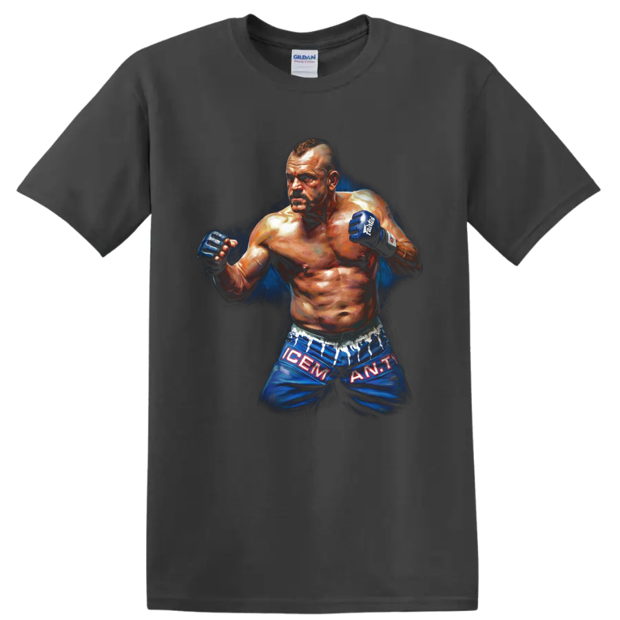 Chuck Liddell The Iceman painted MMA fighter portrait with raised gloves on a Charcoal T Shirt