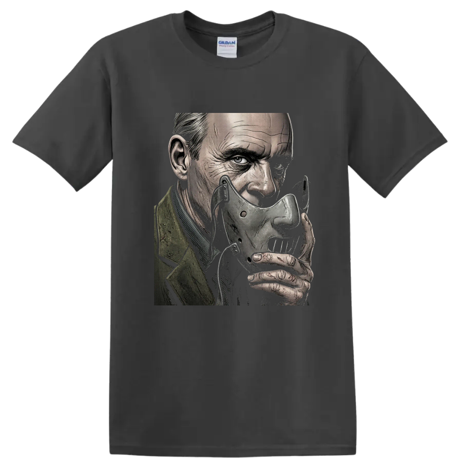 Hannibal Lecter wearing his signature mask in gothic halftone art on a Charcoal T Shirt