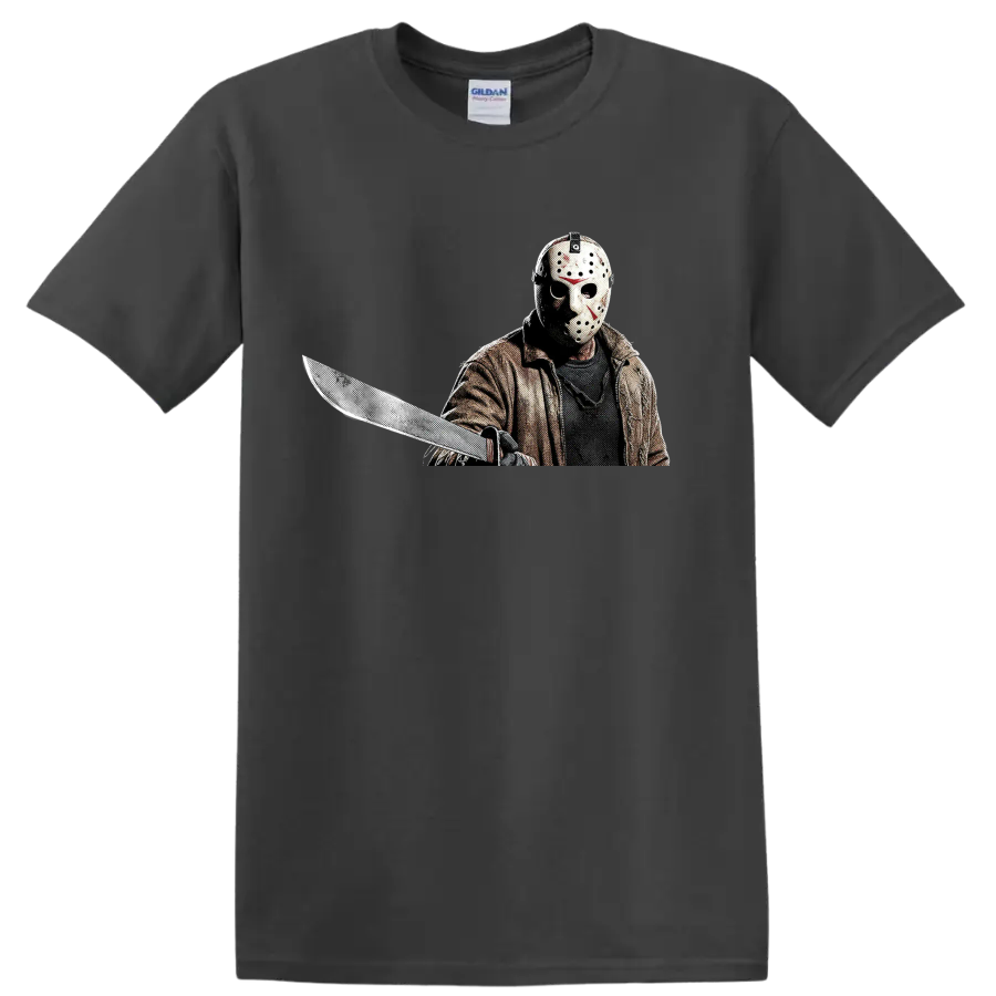 Jason Voorhees masked slasher holding a machete in gritty halftone art on a Charcoal T Shirt