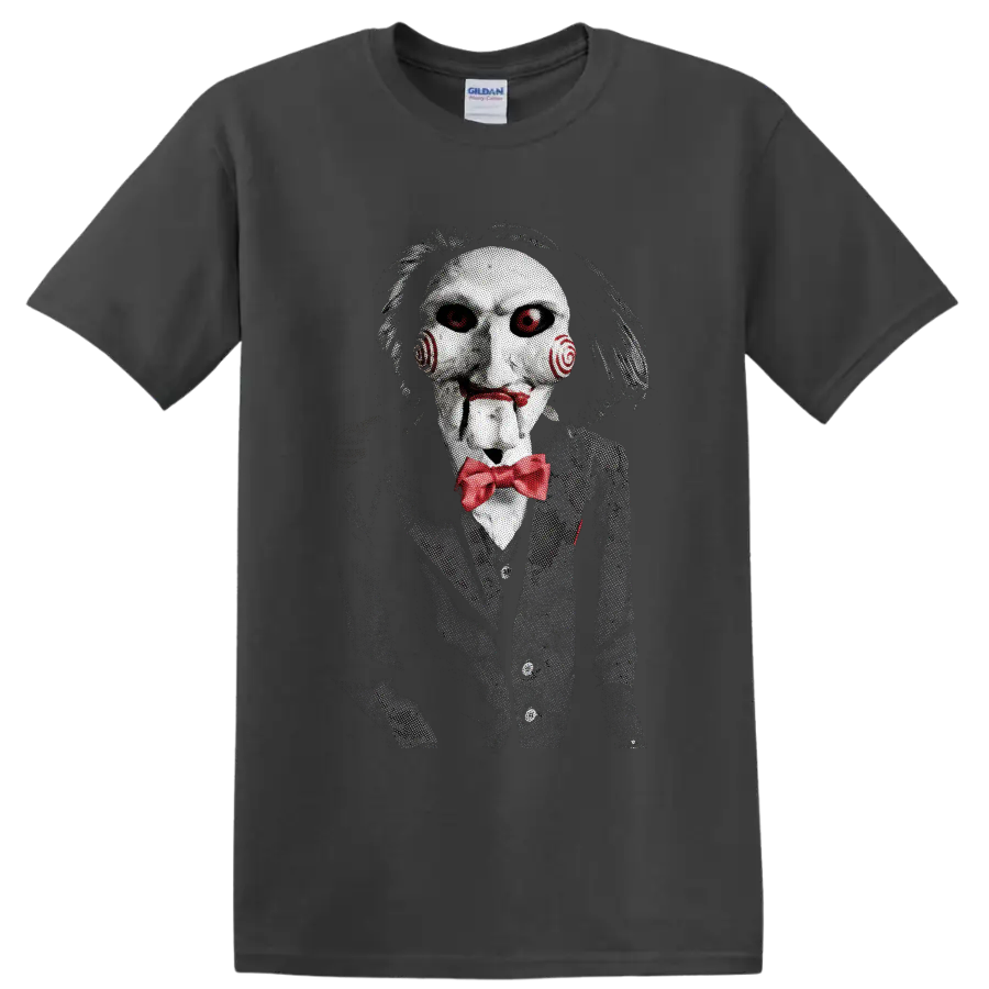 Billy the Puppet from Saw in a creepy horror graphic with red bow tie on a Charcoal T Shirt