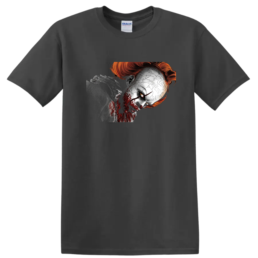 Pennywise from It distressed horror clown face graphic on a Charcoal T Shirt