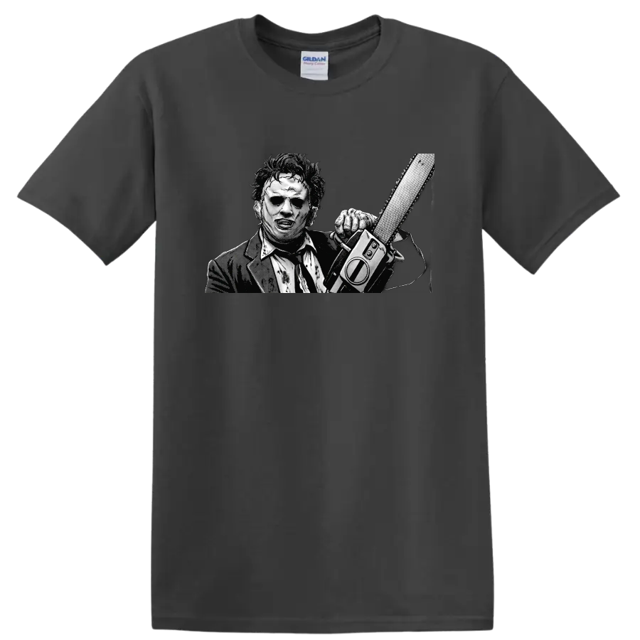 Leatherface holding a chainsaw in gritty black-and-white halftone art on a Charcoal T Shirt