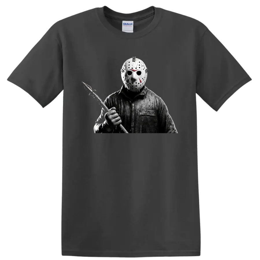 Jason Voorhees hockey mask and machete horror halftone graphic on a Charcoal T Shirt