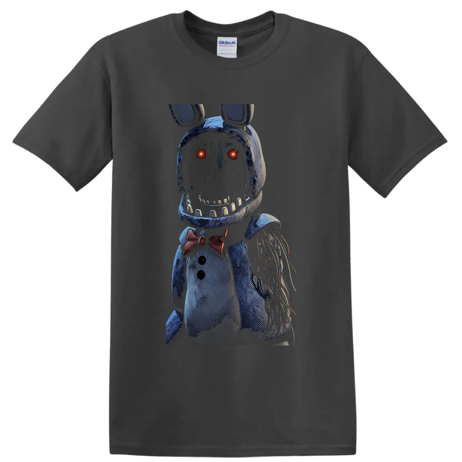 Withered Bonnie animatronic horror graphic with glowing eyes and exposed wires on a Charcoal T Shirt