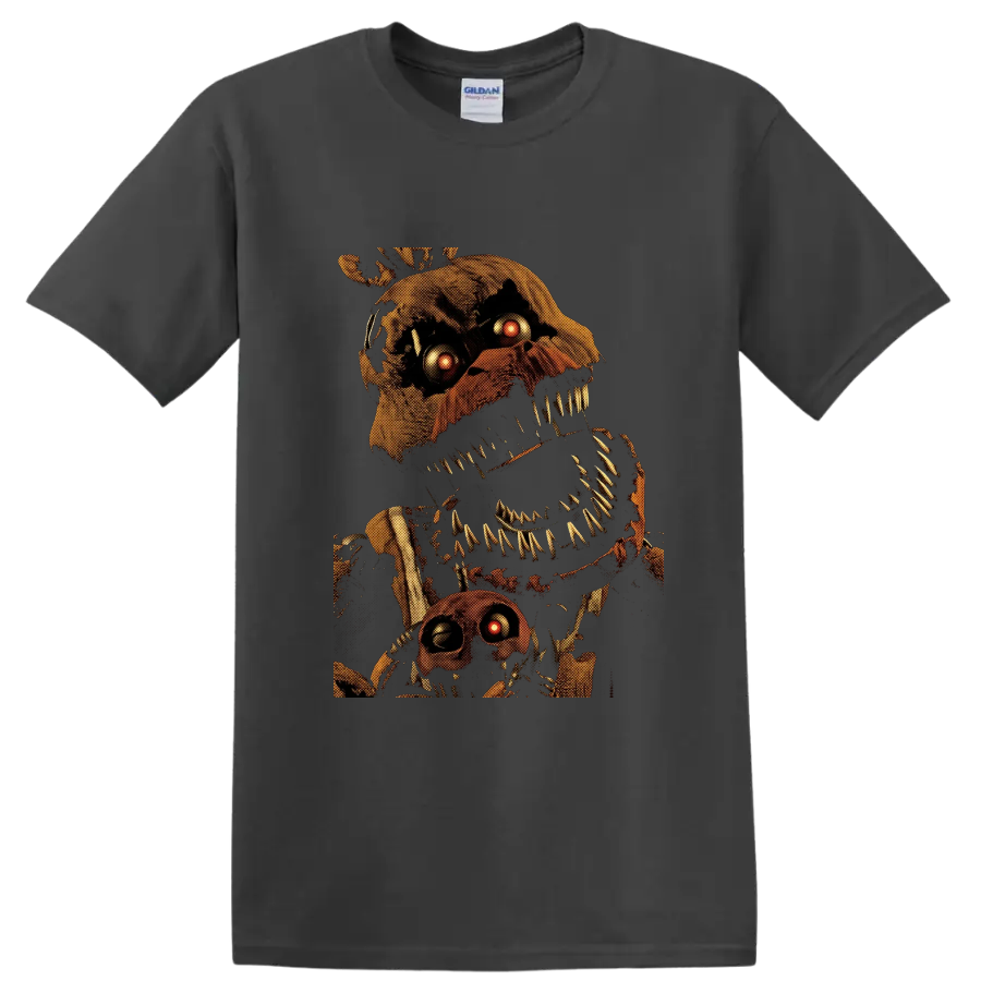 Nightmare Chica distressed animatronic horror graphic with glowing eyes on a Charcoal T Shirt