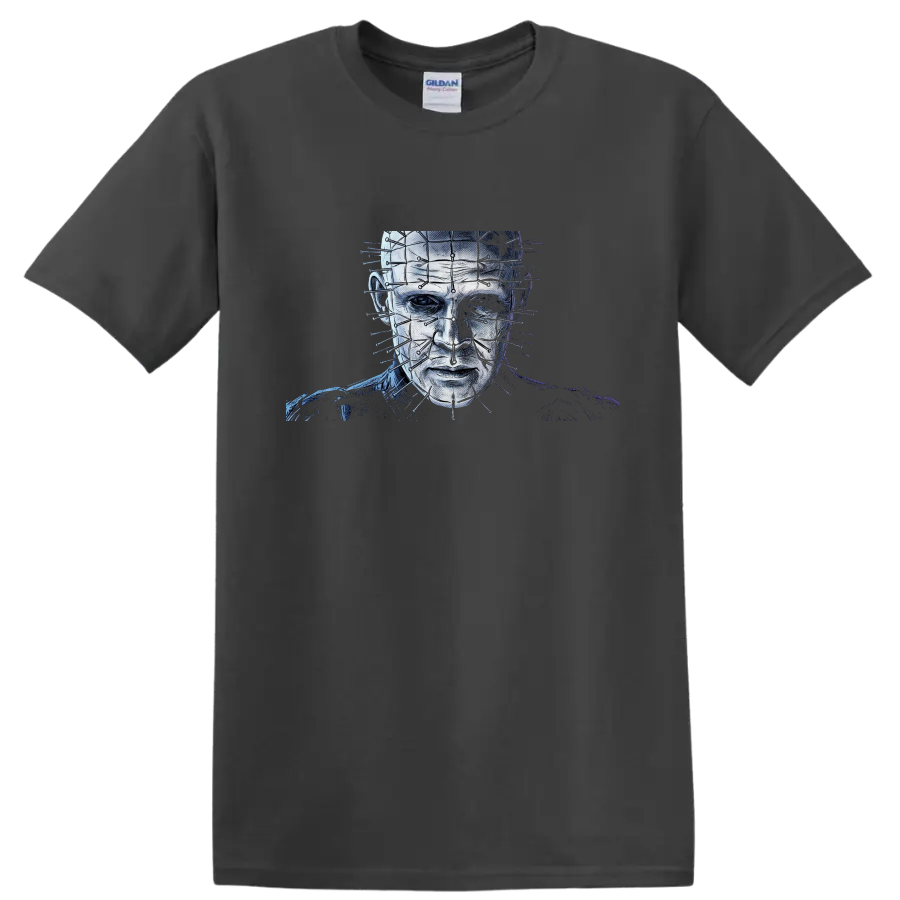 Pinhead Hellraiser gothic horror portrait with geometric pins on a Charcoal T Shirt