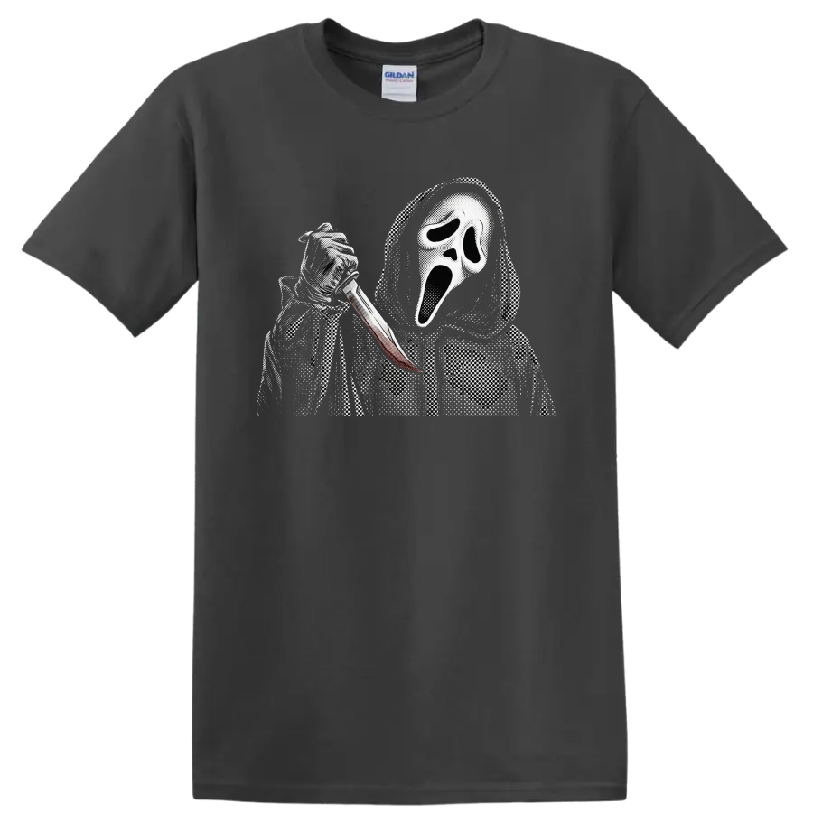 Ghostface from Scream in a hood holding a knife, vintage halftone horror art on a Charcoal T Shirt