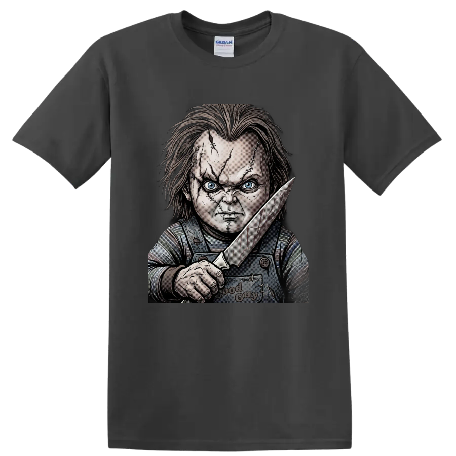 Chucky Child's Play 2 stitched face knife horror graphic on a Charcoal T Shirt