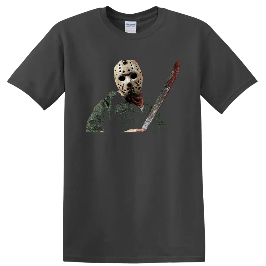 Jason Voorhees masked with machete, distressed horror graphic on a Charcoal T Shirt
