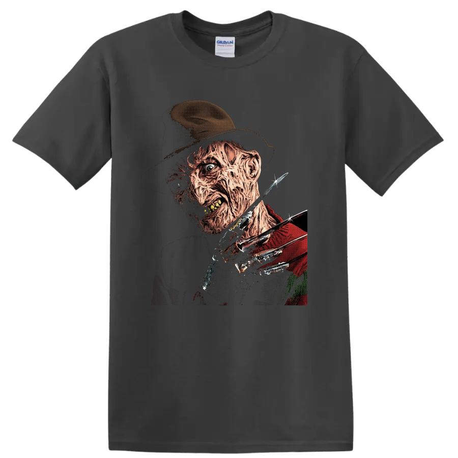 Freddy Krueger vintage horror portrait with bladed glove on a Charcoal T Shirt