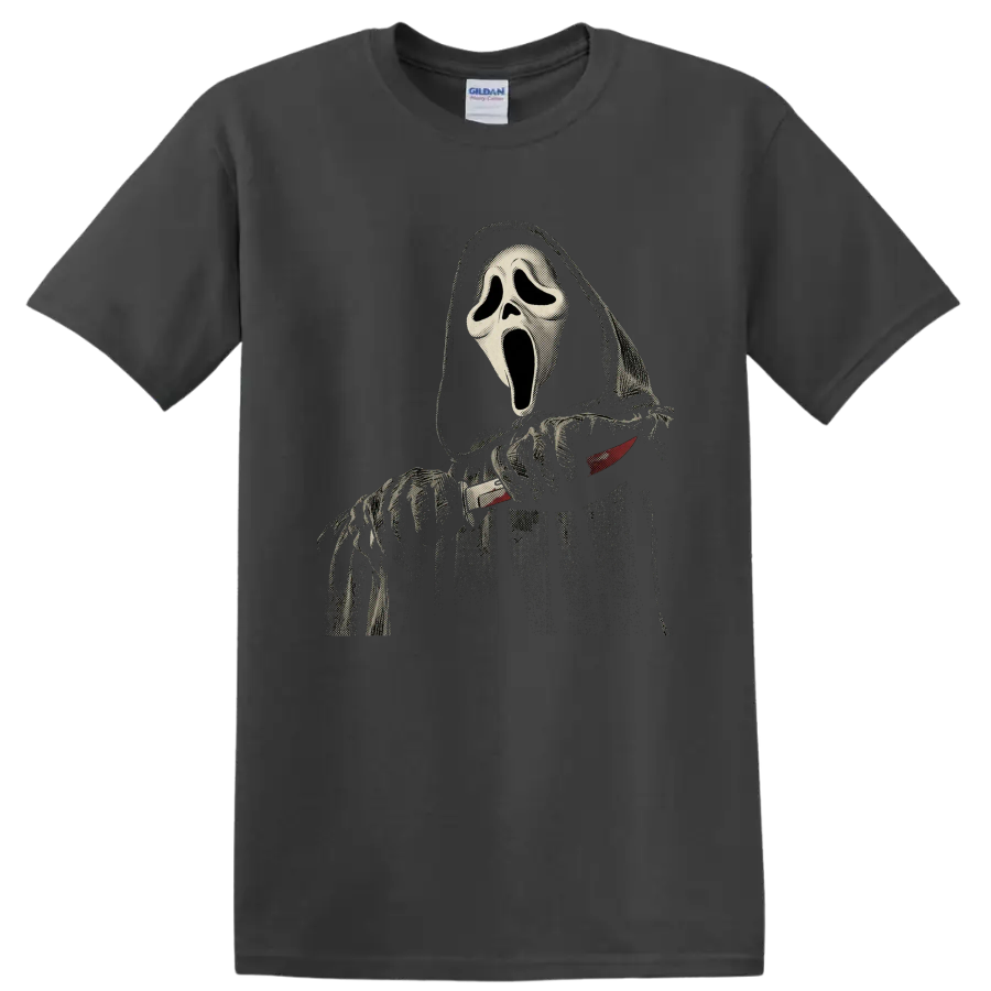 Distressed Ghostface Scream horror mask graphic on a Charcoal T Shirt
